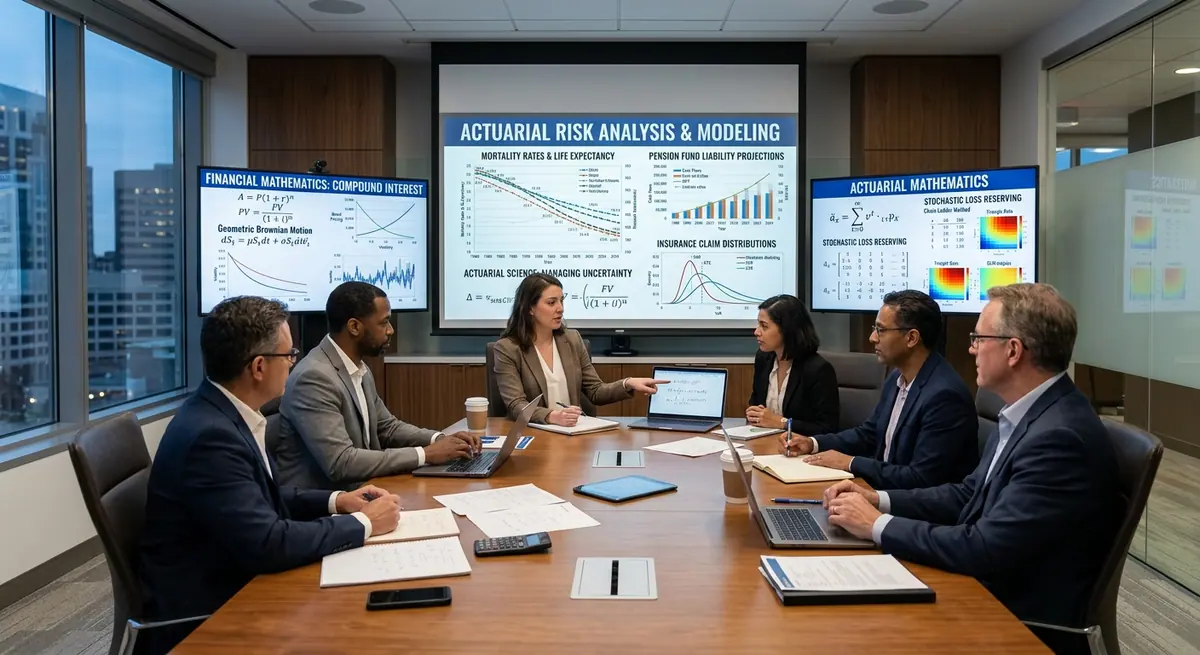 Students working on actuarial models and risk data in a modern classroom