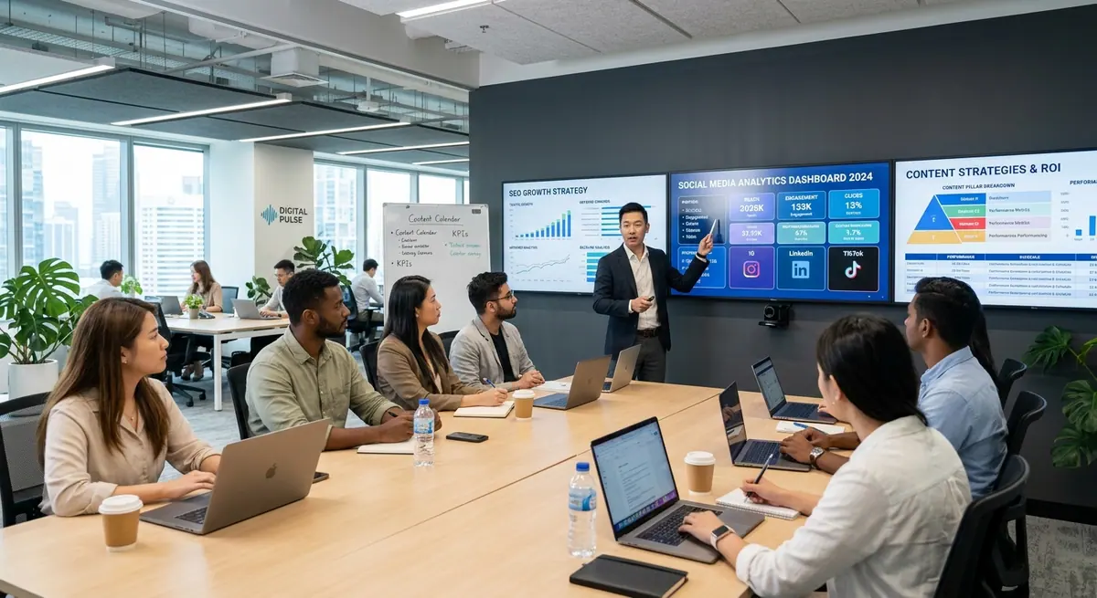 Marketing team planning a digital campaign with analytics on screen